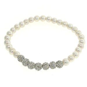 6mm Faux Pearl with Pave Crystal Rounds Beaded Stretch Bracelet